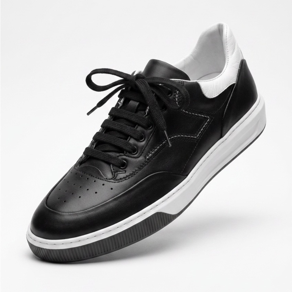 Alberto Ciccioli Men's Soft Black and White Leather Lace-Up Comfort Sneakers